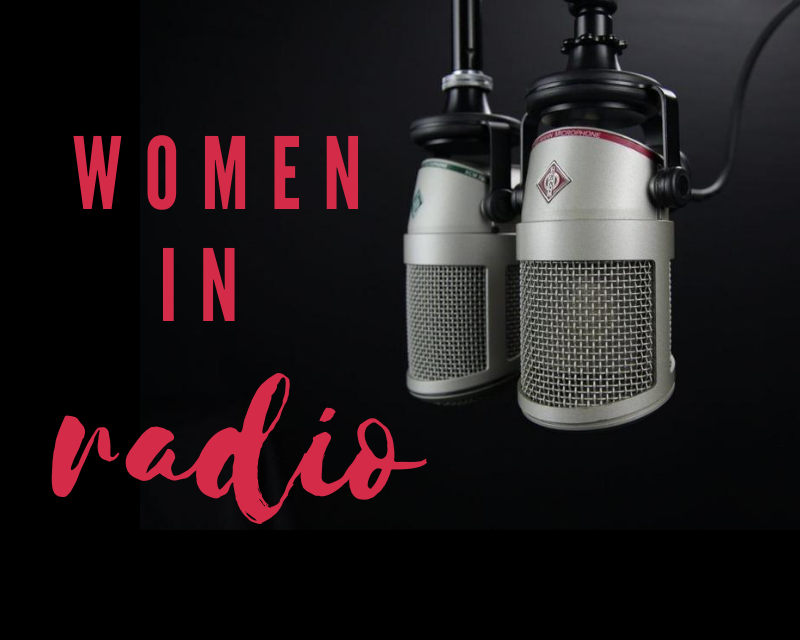 Graphic that depicts to microphones with text that says "women in radio"