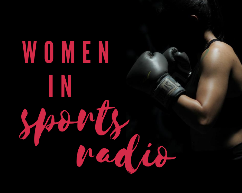 Graphic depicting a female boxer in shadow with text that says "women in sports radio"